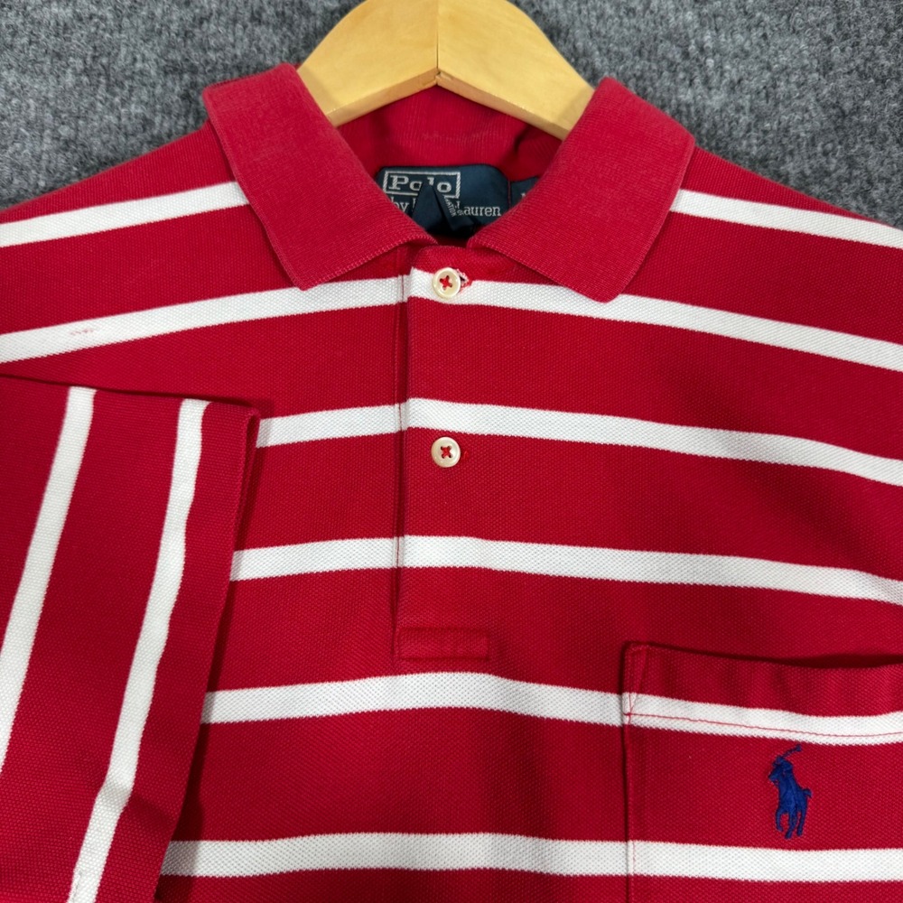 Polo Ralph Lauren Striped Pocket Polo Mens M Red White 100% Cotton GOOD READ